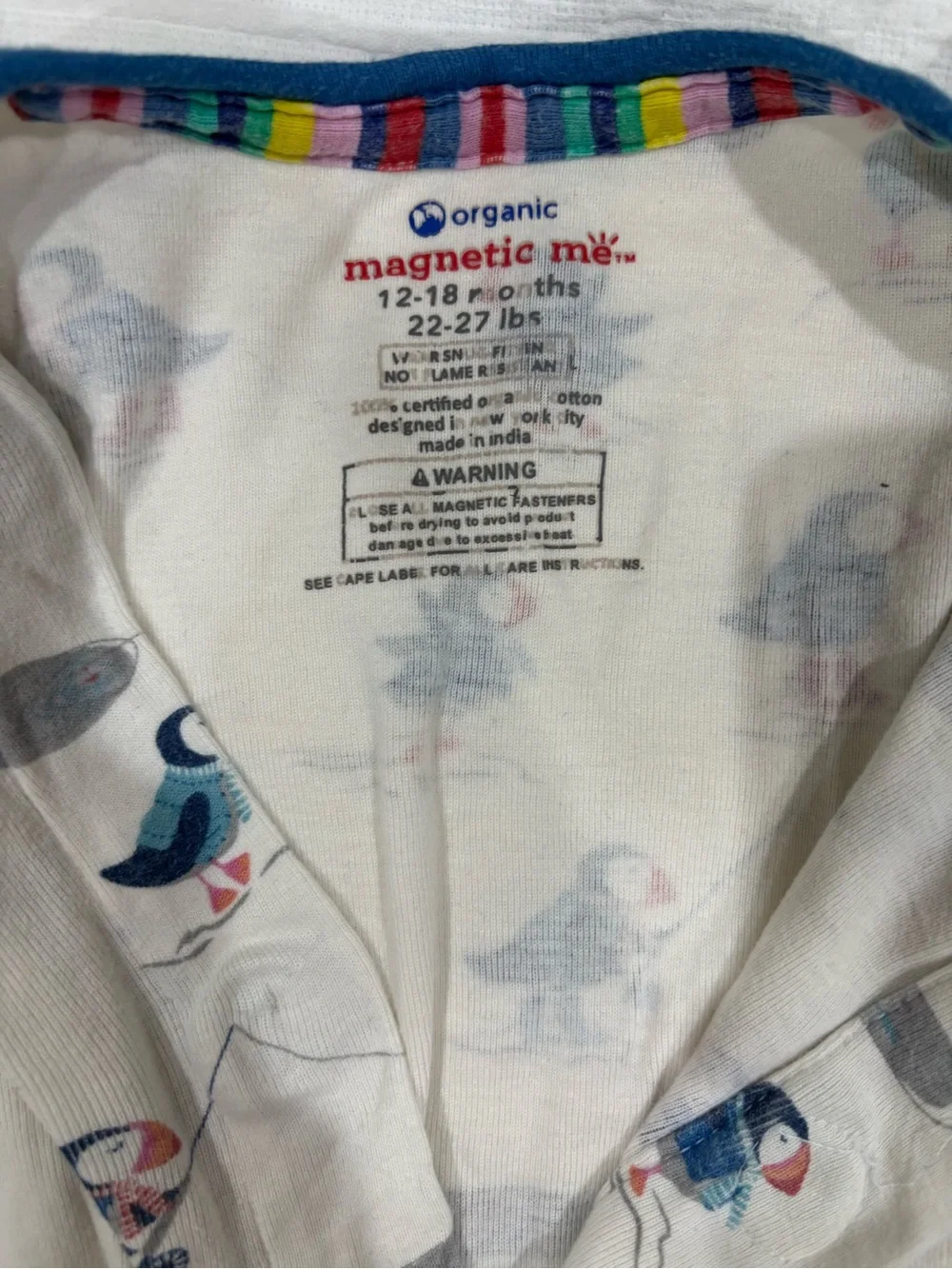 Magnetic Me Cream Puffin Print Footed One-Piece Pajamas with Blue Trim